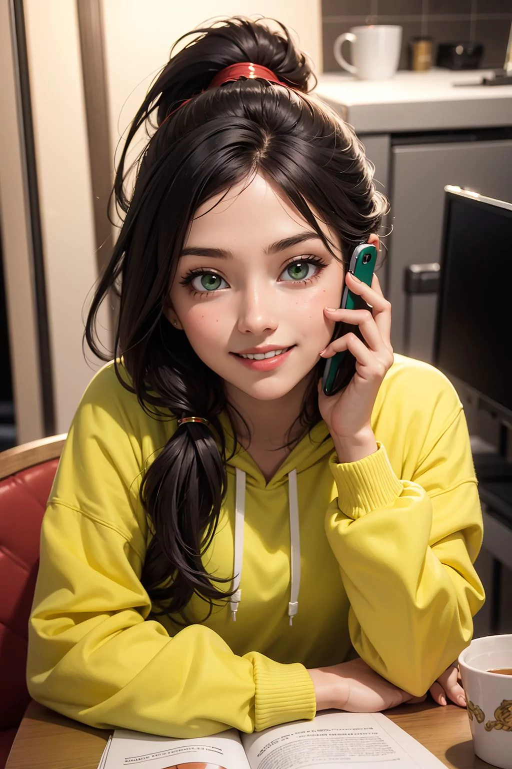 Girl in yellow hoodie talking on the phone